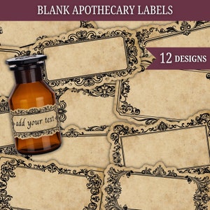 Étiquettes vierges imprimables, étiquettes d'apothicaire vintage, étiquettes vierges pour bouteilles de potion, journaux indésirables, albums de coupures, étiquettes d'épices et d'herbes aromatiques