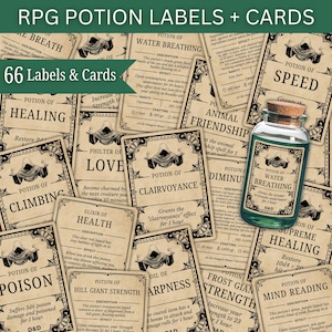 Könnte beinhalten: Eine Sammlung beiger Papierkarten mit schwarzem Text und Illustrationen für RPG-Tranketiketten, einschließlich einer Glasflasche mit grüner Flüssigkeit und einem Korkstopfen, beschriftet als Potion of Water Breathing mit D&D-Aufdruck.