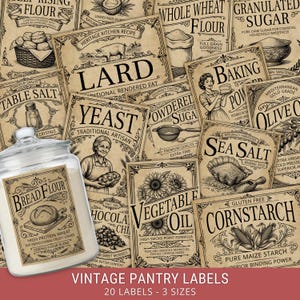 May include: A clear glass jar filled with white powder featuring a rectangular label that reads Bread Flour, High Protein Wheat, For Professional Crusty Loaves, Strong Flour Blend, surrounded by various vintage-style pantry labels.