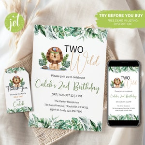 Può includere: Un invito stampabile per una festa di compleanno di un bambino di due anni. L'invito presenta un tema giungla con un leone che indossa un copricapo e il testo "Two Wild" e "Caleb's 2nd Birthday".