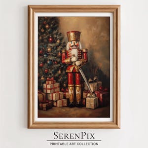 May include: A vintage-style illustration of a nutcracker standing in front of a Christmas tree with presents underneath. The nutcracker is wearing a red and gold uniform with a sword in his hand. The tree is decorated with ornaments and lights.