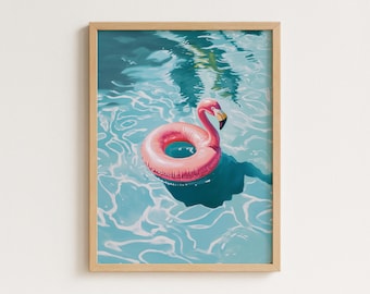 Flamingo Pool Float Print: Pink Inflatable Ring, Summer Coastal Decor (Digital Download