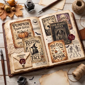 Pu&ograve; includere: Un diario aperto in stile vintage pieno di illustrazioni e cartoline a tema Halloween. Le pagine presentano testi come Pumpkin Farm Guest, Resting Witch Face, Grim Reaper's Office e Too Cute To Spook, insieme a disegni di una zucca, una strega, un fantasma e scheletri.