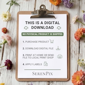 May include: A clipboard with a white paper that says "THIS IS A DIGITAL DOWNLOAD" with instructions for digital product use. The clipboard is surrounded by colorful flowers.