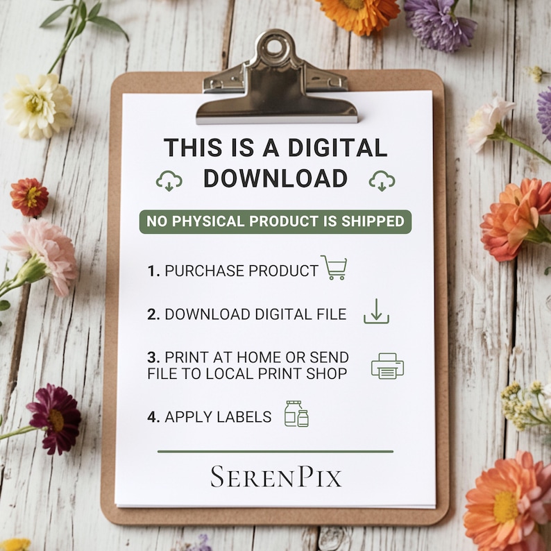 May include: A clipboard with a white paper that says "THIS IS A DIGITAL DOWNLOAD" with instructions for digital product use. The clipboard is surrounded by colorful flowers.
