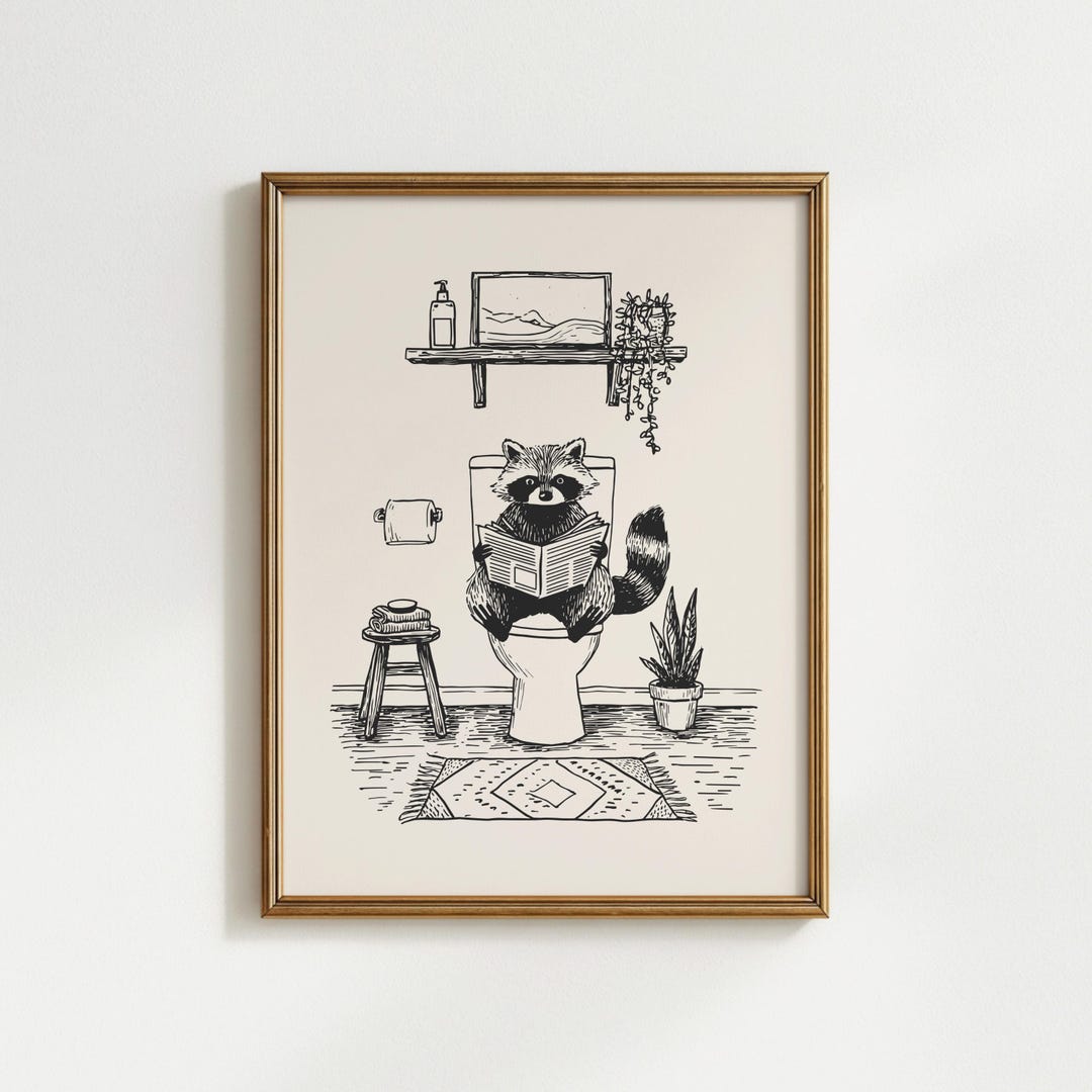 Funny Raccoon Bathroom Art, Raccoon on Toilet Reading Newspaper Print ...