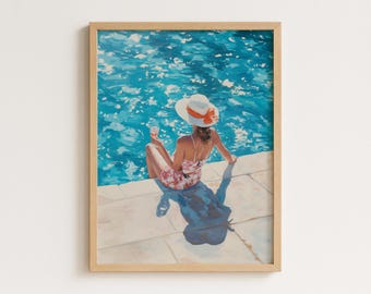 Poolside Woman Art Print: Elegant Summer Vacation Decor (Digital Download