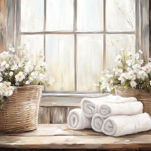 May include: A serene scene featuring rolled white towels on a wooden surface, with a window in the background. Wicker baskets filled with white flowers flank the window. The image evokes a spa or bathroom setting.
