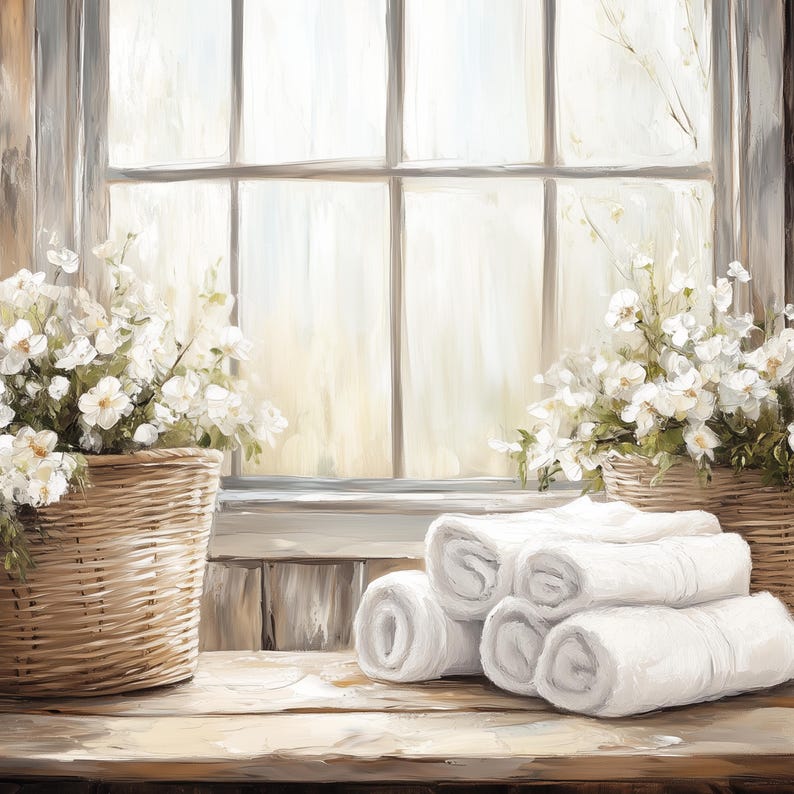 May include: A serene scene featuring rolled white towels on a wooden surface, with a window in the background. Wicker baskets filled with white flowers flank the window. The image evokes a spa or bathroom setting.