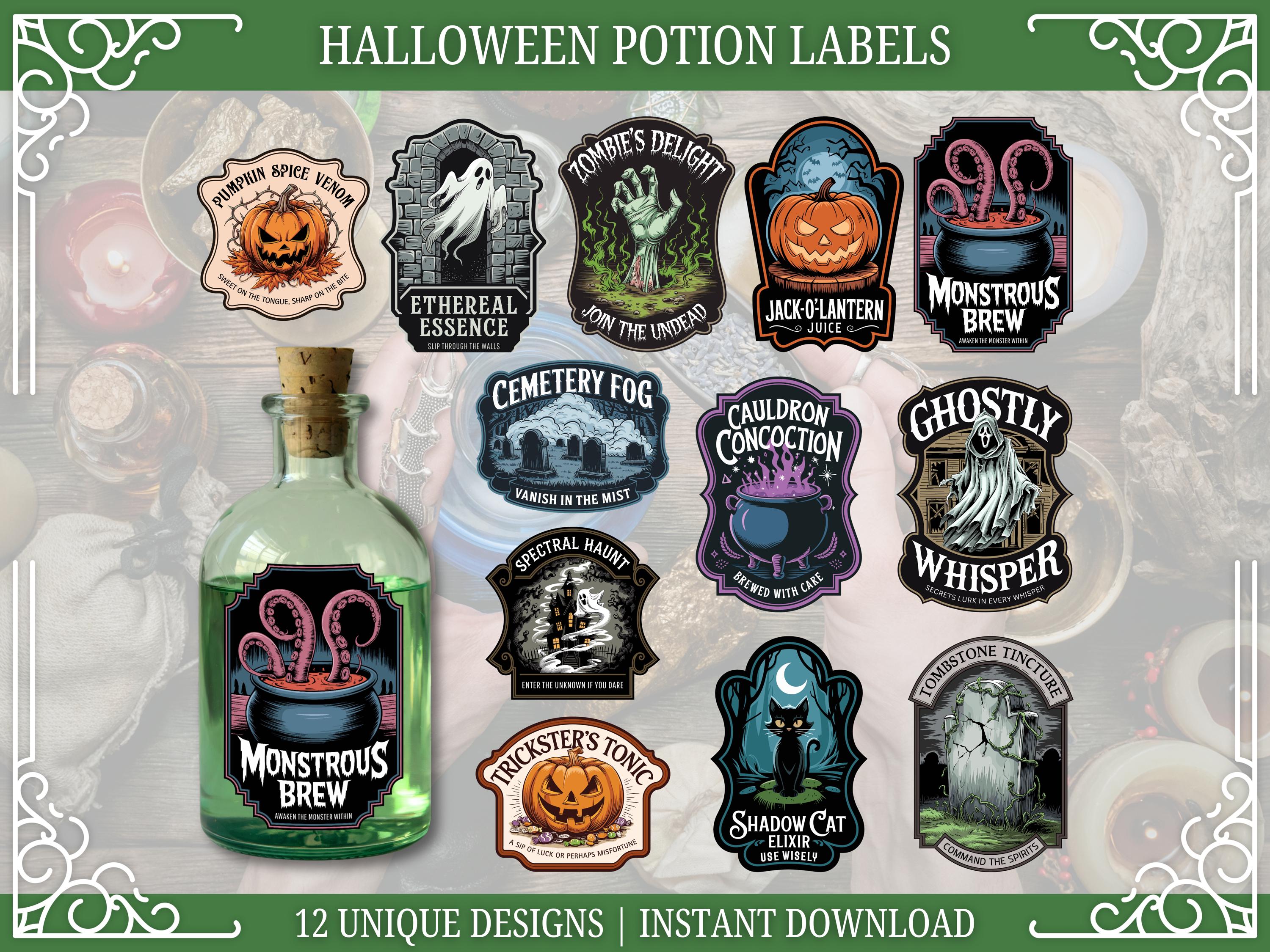 Halloween Potion Labels: Vintage Apothecary Witch Brew Stickers, Halloween Decor (Digital Download)