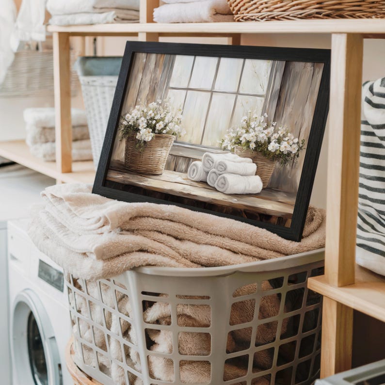 May include: A framed print featuring a window scene with white flowers in baskets and rolled white towels. The print is displayed on a basket of folded beige towels, with a laundry room setting in the background.