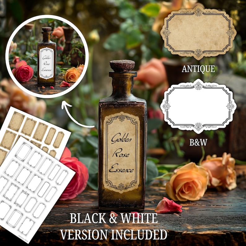 Puede incluir: Una botella de vidrio marr&oacute;n oscuro con una etiqueta que dice "Golden Rose Essence". La botella est&aacute; rodeada de rosas y una hoja de papel con varias etiquetas en blanco y negro. El texto "Black & White Version Included" tambi&eacute;n es visible.