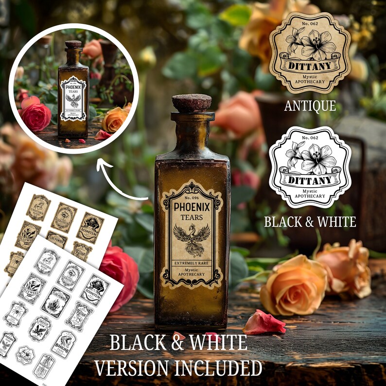 Pu&ograve; includere: Una bottiglia da farmacia in stile vintage con tappo in sughero e un'etichetta che recita "Phoenix Tears". L'etichetta presenta un'illustrazione di fenice e il testo "Extremely Rare Mystic Apothecary". Include versioni di etichette in bianco e nero.