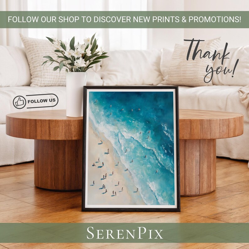 May include: A framed art print with a beach scene, featuring turquoise water and a sandy shore. The print is in a black frame and rests on a wooden table. The image includes the text "Thank you!" and "Follow us". The shop name "SerenPix" is also visible.