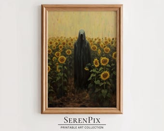 Spooky Ghost in Sunflower Field - Vintage Halloween Art Print (Digital Download)