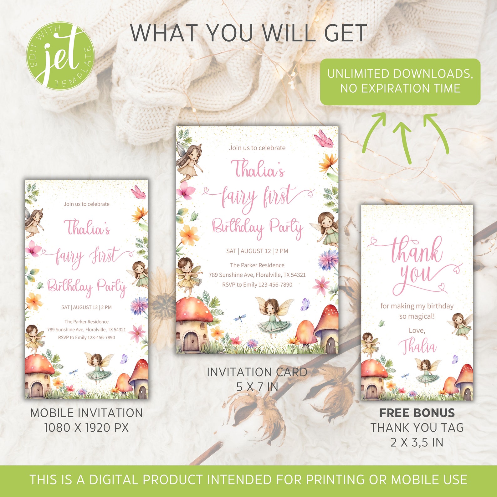Editable Fairy First Birthday Invitation: Magical Garden Party (digital ...