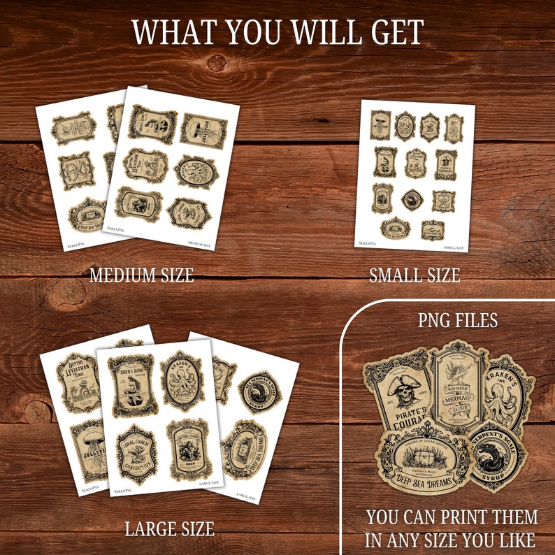 May include: A set of printable digital labels in three sizes: small, medium, and large. The labels feature a nautical theme with images of mermaids, kraken, ships, and other sea creatures. The text on the labels includes phrases like "Pirate's Courage", "Deep Sea Dreams", and "Serpent's Coil".