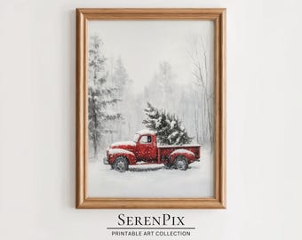 May include: A framed print of a winter scene featuring a red pickup truck carrying a Christmas tree through a snowy forest. The artwork has a vintage aesthetic, with soft colors and a focus on the holiday season. The text "SerenPix Printable Art Collection" is at the bottom.