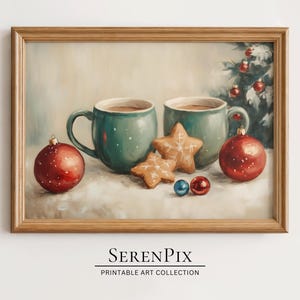 Hot Chocolate and Christmas Cookies Wall Art, Vintage Christmas Art, Cozy Christmas Decor, Winter Wall Decor, Holiday Decor, Digital Art
