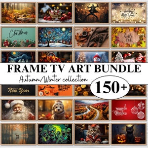 Può includere: Una collezione di stampe artistiche incorniciate per schermi TV, con temi autunnali e invernali. Il pacchetto include immagini con motivi festivi e stagionali, come Natale, Halloween e Capodanno, con il testo "FRAME TV ART BUNDLE Autumn/Winter collection 150+".