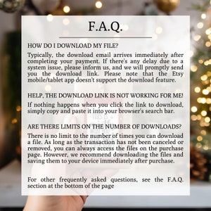 May include: A white background with black text outlining frequently asked questions about downloading digital files. The text includes "How do I download my file?" "Help, the download link is not working for me!" and "Are there limits on the number of downloads?"