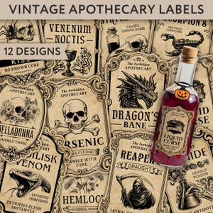 Puede incluir: Una colección de etiquetas de boticario vintage con ilustraciones góticas y texto. Las etiquetas presentan calaveras, dragones y diseños botánicos. Se muestra una botella de "Liquid Curse". Las etiquetas tienen un aspecto envejecido.