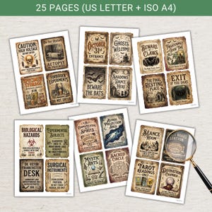 Pu&ograve; includere: Una raccolta di 25 pagine stampabili in formato US Letter e ISO A4 con insegne in stile vintage a tema Halloween e horror. I fogli rettangolari mostrano vari design di carta invecchiata con tipografia gotica e illustrazioni di teschi e fantasmi.