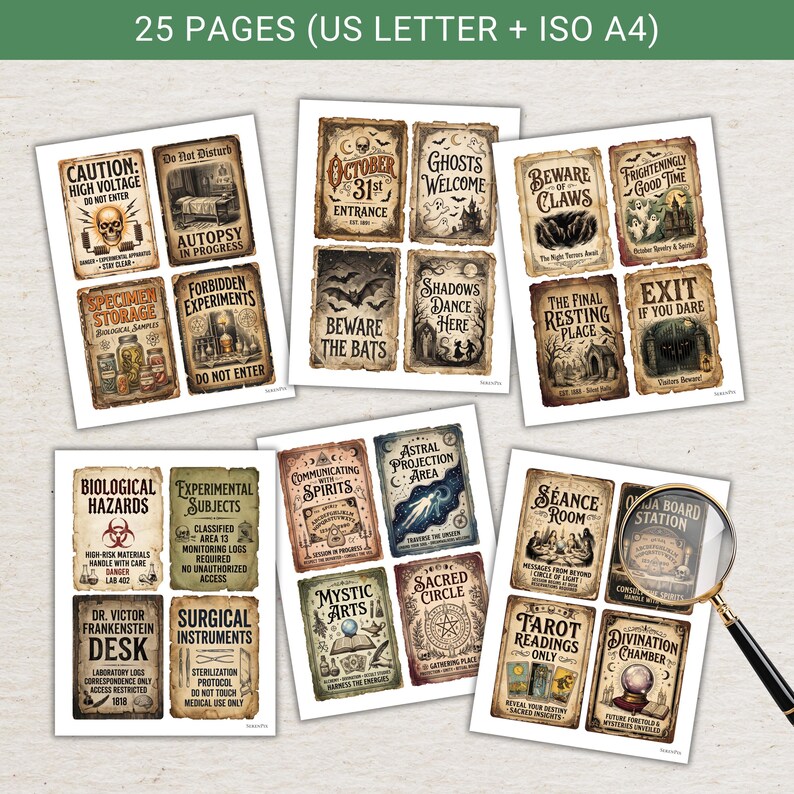 Pu&ograve; includere: Una raccolta di 25 pagine stampabili in formato US Letter e ISO A4 con insegne in stile vintage a tema Halloween e horror. I fogli rettangolari mostrano vari design di carta invecchiata con tipografia gotica e illustrazioni di teschi e fantasmi.