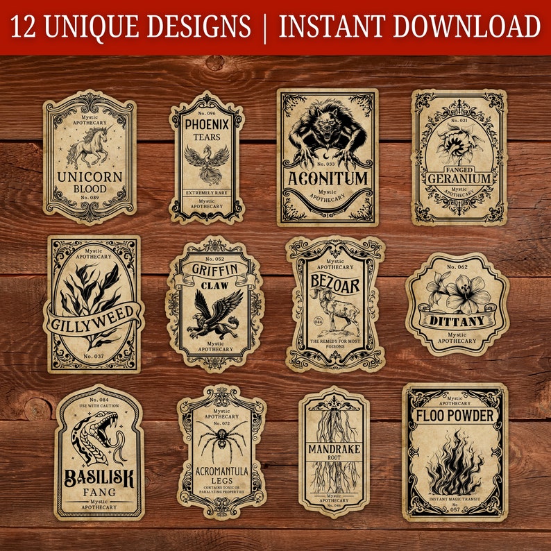 Pu&ograve; includere: Dodici design unici di etichette da farmacia con illustrazioni e testo vintage, tra cui "Unicorn Blood", "Phoenix Tears" e "Aconitum". Le etichette sono di varie forme e dimensioni, con un aspetto invecchiato e usurato. Il testo "Download istantaneo" &egrave; in alto.