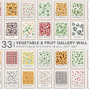 Keukenkunstafdrukken – set van 33 afdrukbare groenten- en fruitposters voor keukengalerijwand – digitale download wanddecoratie