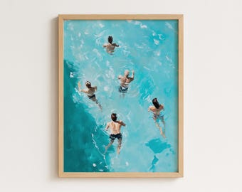 Impresión aérea de piscina: bañistas de verano, decoración de casa de playa (descarga digital)