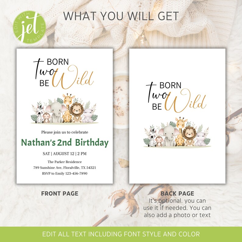 May include: A printable invitation for a child's second birthday party. The invitation features a jungle theme with a green, brown, and gold colour scheme. The text on the front of the invitation reads "Born Two Be Wild" and includes the child's name, age, and party details. The back of the invitation has space for a photo or text.