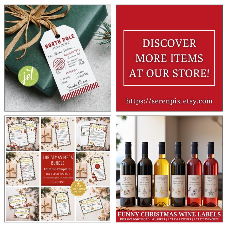 May include: A set of six printable Christmas wine labels featuring festive designs with a red, green and white colour scheme. The labels are designed for 3.75 x 4.5 inch bottles and are available for instant download. The labels feature text such as "Santa's Little Helper" and "Wine Not?"