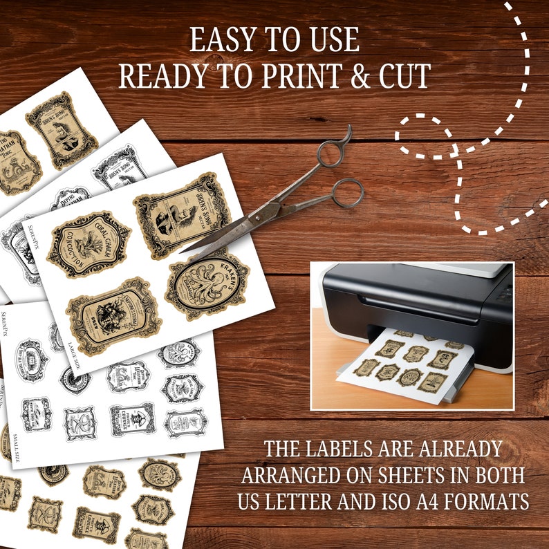 May include: Printable sheets of vintage-style labels featuring nautical and sea creature illustrations. The labels are ready to print and cut, and are arranged on sheets in both US Letter and ISO A4 formats.
