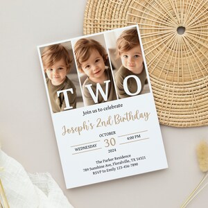 May include: A white invitation card with a gold border and text. The card features three photos of a young boy and the text "TWO" in large white letters. The text "Join us to celebrate Joseph's 2nd Birthday" is in gold script. The date and time of the event are listed below, along with the location and RSVP information.