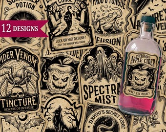 May include: Twelve vintage-style potion bottle labels with spooky Halloween themes. The labels feature illustrations of a spider, a wolf, a snake, a frog, a ghost, a bat, an apple, and a skull. The labels are printed on a parchment-like background with black text and illustrations.