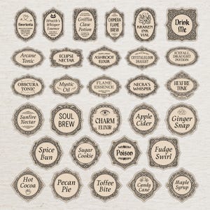 May include: A collection of vintage-style apothecary labels with ornate frames and various names like "Poison," "Soul Brew," and "Drink Me." The labels are beige with dark brown text and decorative borders, perfect for crafting or themed decor.