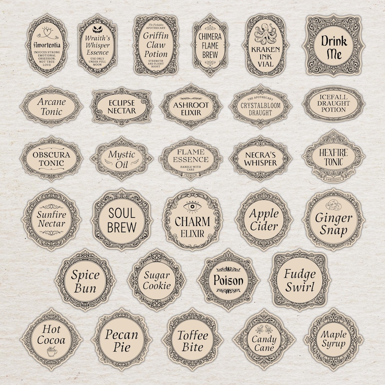 May include: A collection of vintage-style apothecary labels with ornate frames and various names like "Poison," "Soul Brew," and "Drink Me." The labels are beige with dark brown text and decorative borders, perfect for crafting or themed decor.