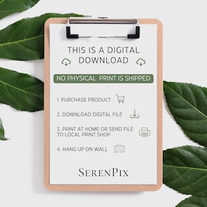 May include: A clipboard with a white paper that says "THIS IS A DIGITAL DOWNLOAD" and instructions for digital prints. The paper is held by a silver clip. The bottom of the paper has the text "SERENPIX".
