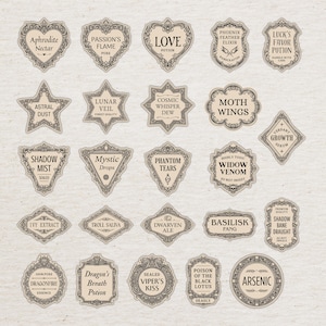 May include: A collection of vintage-style labels with ornate borders and various shapes. Each label features a unique name, such as "Aphrodite Nectar," "Love Potion," and "Arsenic." The labels are in shades of beige and brown, with decorative fonts.