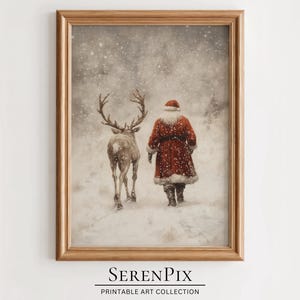 Santa and Reindeer in Snowy Forest, Cozy Christmas Decor, Vintage Santa Claus, Christmas Art Print, Winter Holiday Wall Art, Digital Art