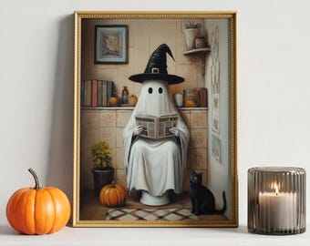 Cute Ghost on the Toilet Print -  Funny Bathroom Wall Art, Halloween Ghost Poster, Spooky Decor (Digital Download)