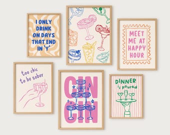 Cocktail Wall Art Set of 6, Funny Bar Cart Poster, Retro Kitchen Print Gallery, Dopamine Decor (Digital Download)