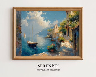 Vintage Coastal Village Oil Painting: Mediterranean Wall Art (Digital Download)