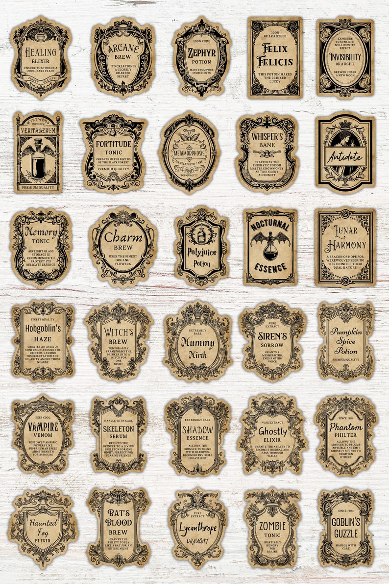May include: A set of 30 vintage-style potion bottle labels with ornate frames and spooky Halloween-themed illustrations. The labels feature names like "Healing Elixir", "Arcane Brew", "Zephyr Potion", "Felix Felicis", "Invisibility Draught", "Veritaserum", "Fortitude Tonic", "Metamorphosis", "Whisper's Bane", "Antidote", "Memory Tonic", "Charm Brew", "Polyjuice Potion", "Nocturnal Essence", "Lunar Harmony", "Hobgoblin's Haze", "Witch's Brew", "Mummy Mirth", "Siren's Sorrow", "Pumpkin Spice Potion", "Vampire Venom", "Skeleton Serum", "Shadow Essence", "Ghostly Elixir", "Phantom Philter", "Haunted Fog Elixir", "Bat's Blood Brew", "Lycanthrope Draught", "Zombie Tonic", and "Goblin's Guzzle".