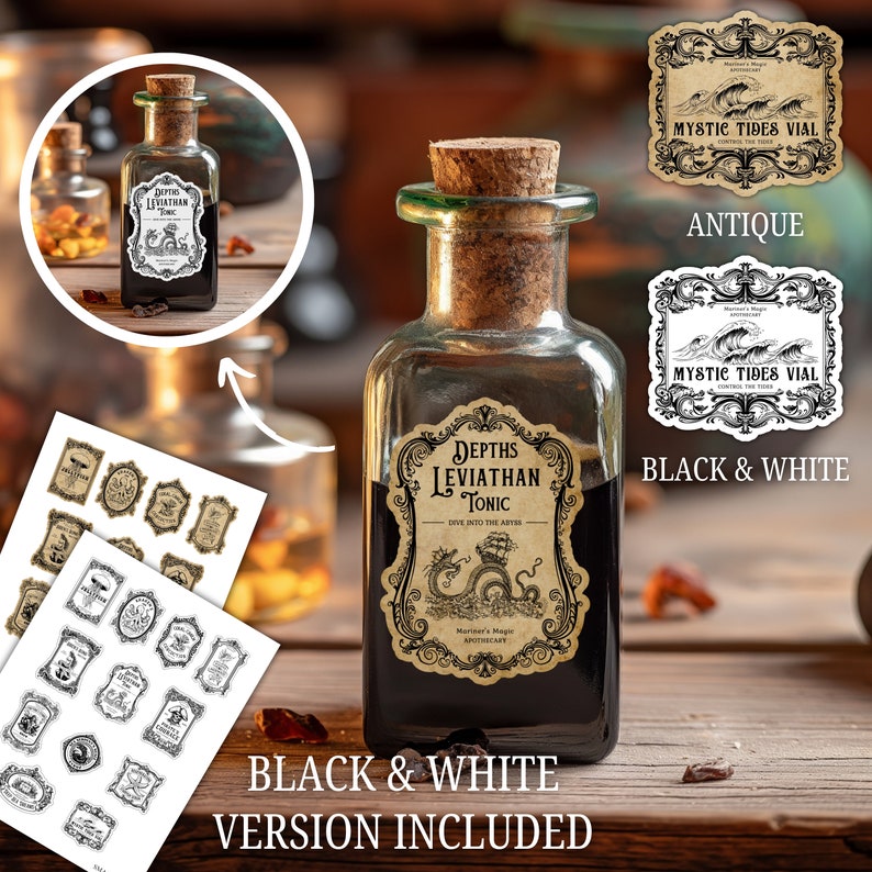 May include: A dark glass bottle with a cork stopper and a label that reads "Depths Leviathan Tonic Dive into the Artes Mariner's Magic Apothecary". The label features a black and white illustration of a sea serpent with a ship in its mouth. The bottle is sitting on a wooden surface. The image also includes a black and white version of the label and a vintage style label with the text "Mystic Tides Vial".