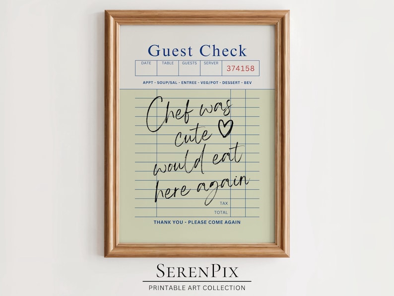 Puede incluir: Una impresi&oacute;n de arte de pared imprimible con un fondo verde claro y un patr&oacute;n de cuadr&iacute;cula blanca. El texto "Guest Check" est&aacute; en la parte superior de la impresi&oacute;n. El texto "Chef was cute would eat here again" est&aacute; escrito en letra cursiva negra. El texto "Thank you - Please come again" est&aacute; en la parte inferior de la impresi&oacute;n.