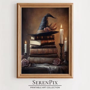 Witchy Decor Halloween Wall Art, Vintage Witch Art, Witchcore Print, Halloween Art Print, Dark Art Decor, Witch Hat On Old Books, Digital