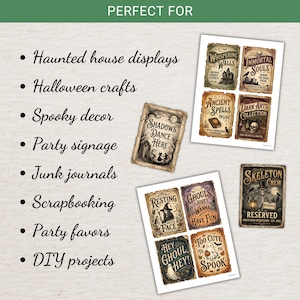 Pu&ograve; includere: Una collezione di fogli di carta rettangolari con grafiche e testi a tema Halloween in stile vintage, tra cui Whispering Walls, Immortal Souls, Ancient Spells, Dark Arts, Shadows Dance Here, Resting Witch Face, Ghouls e Skeleton Crew.