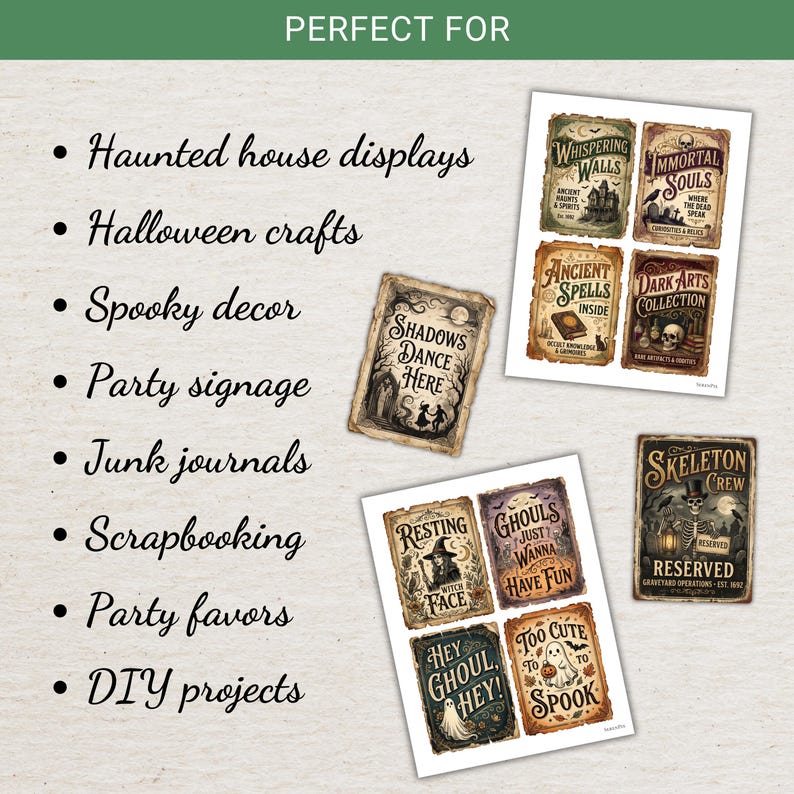 Pu&ograve; includere: Una collezione di fogli di carta rettangolari con grafiche e testi a tema Halloween in stile vintage, tra cui Whispering Walls, Immortal Souls, Ancient Spells, Dark Arts, Shadows Dance Here, Resting Witch Face, Ghouls e Skeleton Crew.